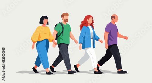 Diverse group of four people walking together in a line.