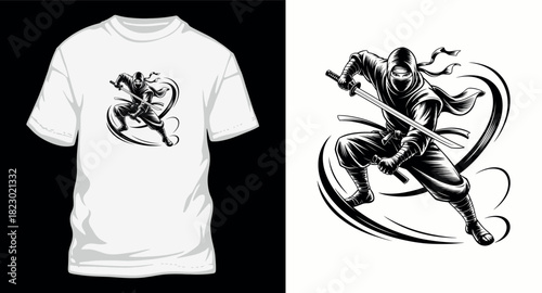 Dynamic ninja warrior action pose with sword in monochrome illustration