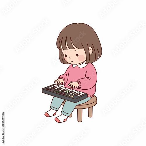 Cute little girl playing a keyboard on a stool.