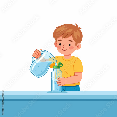 Boy pouring water into a bottle with focused concentration.