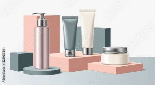 Elegant skincare product display for modern beauty brands, showcasing luxury lotion, cream, and tube packaging for cosmetic promotion and advertising campaigns