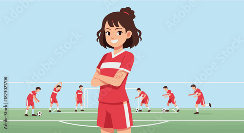 Confident female soccer player leading her team on the field during a match