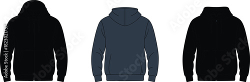 Hoodie flat sketch back view, long sleeve hooded sweatshirt design, casual apparel template, fashion garment illustration, clothing technical drawing mockup