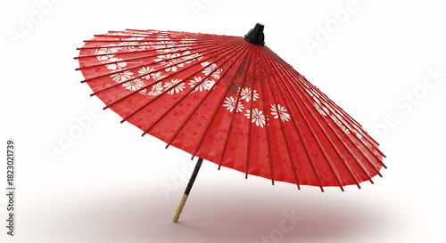 Bright red oriental umbrella displaying delicate white blossoms casting soft shadows on a pure white backdrop. AI Generated