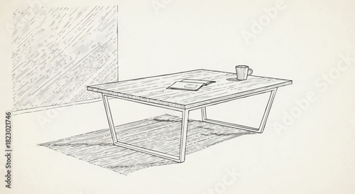 Pencil sketch of a wooden coffee table with a book and mug.