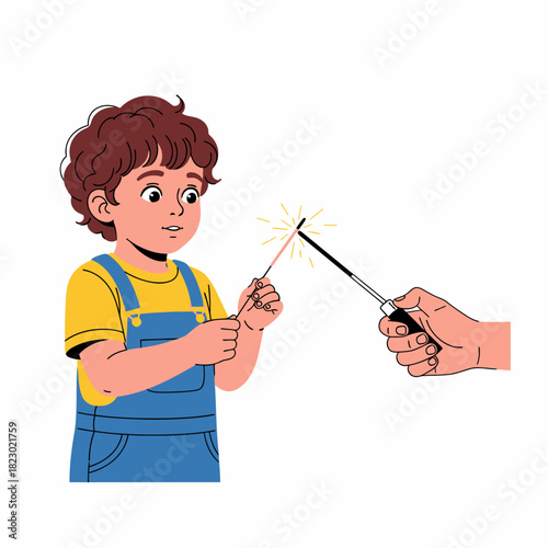 Cute cartoon boy in overalls watching his sparkler being lit by an adult hand.