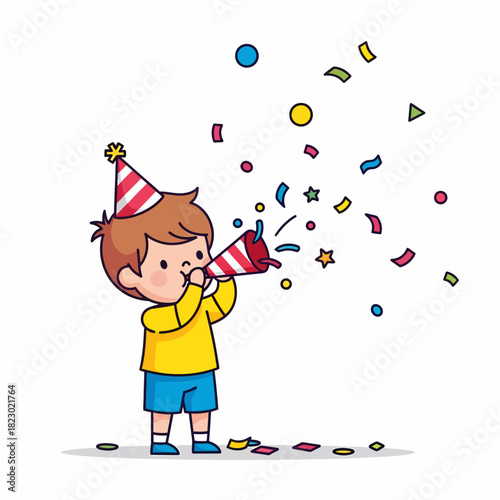 Happy boy celebrating with party horn and confetti.
