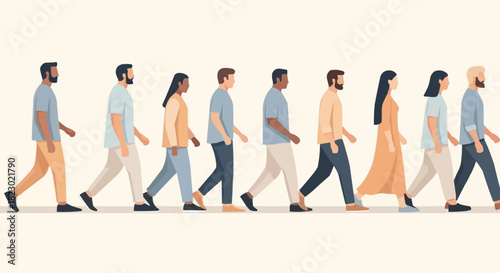 A diverse group of multicultural people walking together in a line.