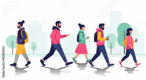 Group of diverse people walking together in urban environment.