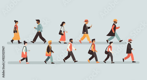 Diverse group of people walking in a line illustration.