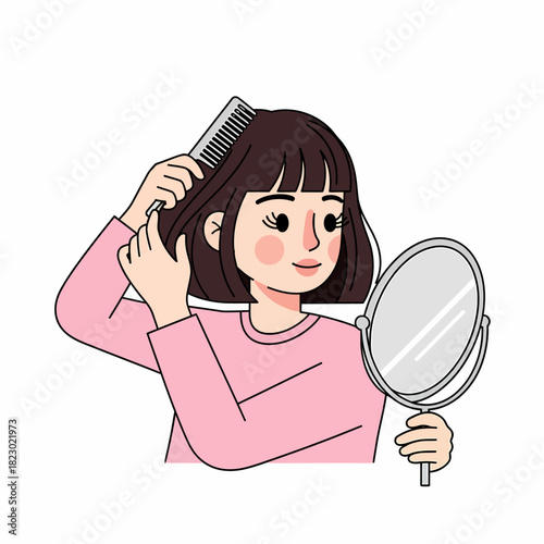 Young woman combing her short brown hair while looking in a mirror.