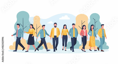 A diverse group of young men and women walking together.