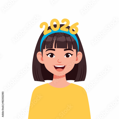 Happy young woman wearing a 2026 New Year headband accessory.