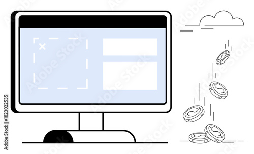 Desktop monitor displaying a digital transaction interface with falling coins. Ideal for e-commerce, fintech, online shopping, digital economy, payment systems, wealth management, simple flat