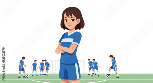 Soccer Team Coach Standing on Field Supervising Players in Uniforms Preparing for Match