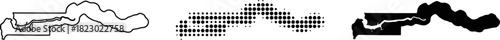 Gambia Country Map Three Styles Outline Halftone Silhouette Vector