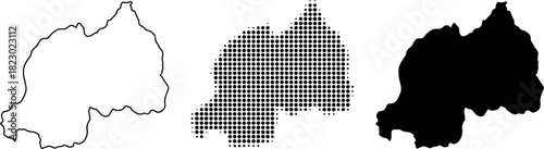 Rwanda Map Collection Outline Halftone and Solid Silhouette Vector
