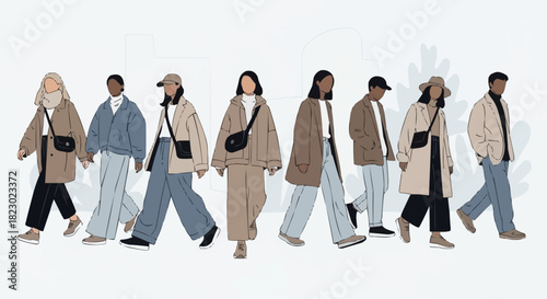 Diverse group of people in stylish casual outfits walking together.