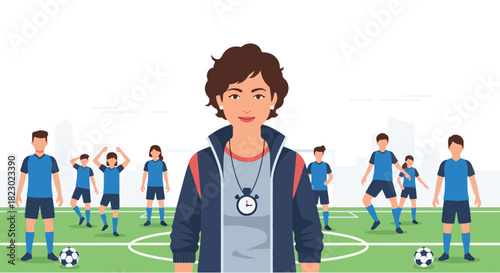 Energetic female soccer coach leading a dynamic youth team practice on a vibrant green field, fostering skill development and teamwork in an urban park setting