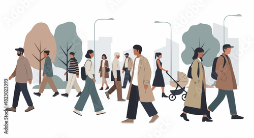 Diverse group of people walking in an urban park setting.