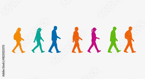 Colorful Silhouettes of People Walking in a Row.