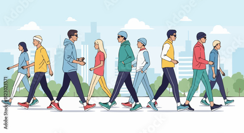Diverse Group of People Walking Together in a City.