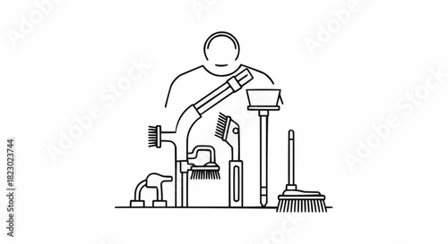 Line Art Illustration of Cleaning Tools and a Person.
