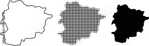 Andorra map collection in three different styles outline halftone and solid silhouette