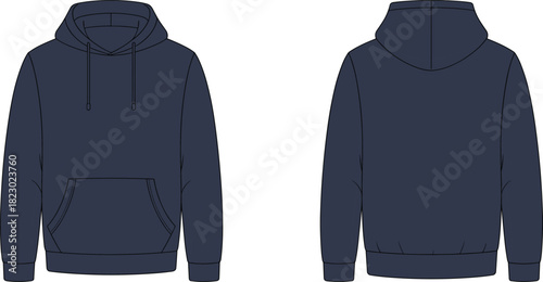 Hoodie flat sketch front and back views, navy hooded sweatshirt design, kangaroo pocket drawstring hood, ribbed cuffs waistband fashion illustration