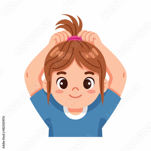 Girl Tying Hair Up in Ponytail with Hair Tie.