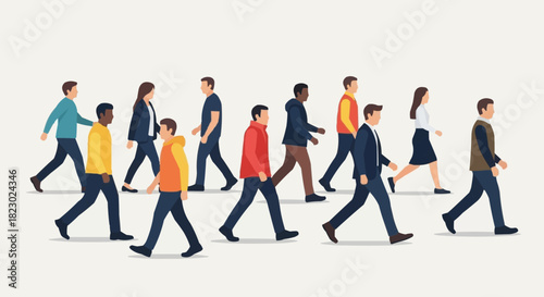 Diverse Group of People Walking Together in the Same Direction.