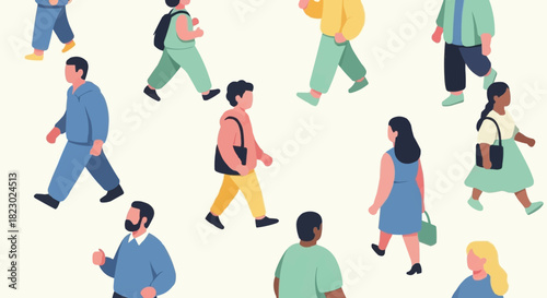 Diverse Group of People Walking in Various Directions.