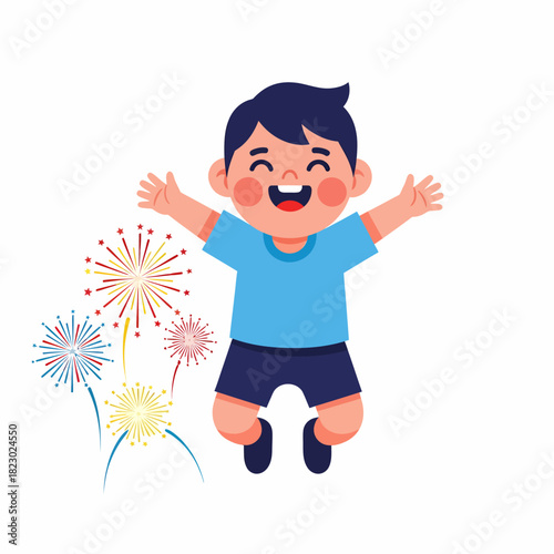 Happy cartoon boy jumping with joy and excitement.