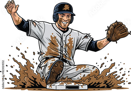 Baseball Player Sliding into Base with Mud Splash