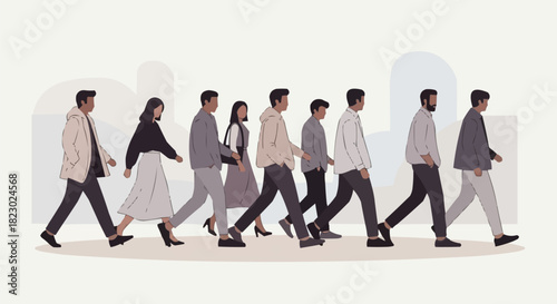 Group of diverse people walking together in a line, side view.