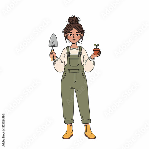 Cartoon Woman Gardener Holding Trowel and Seedling Pot.
