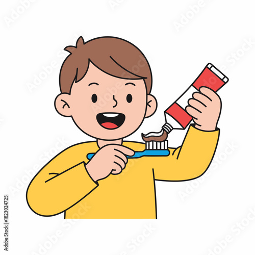 Young boy applying toothpaste to toothbrush for dental hygiene.