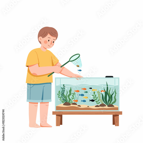 Young boy carefully tending to his vibrant home aquarium.