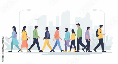 Diverse group of cartoon people walking in a crowd illustration.
