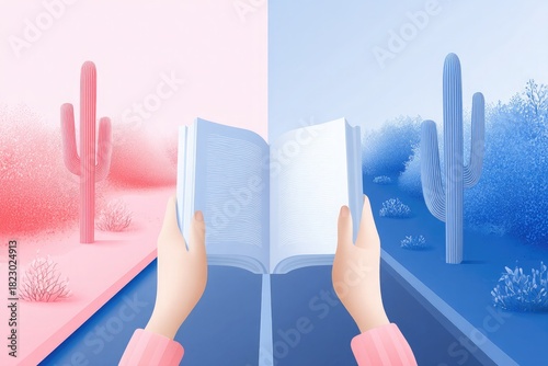 minimalist vector art of two hands holding open book with colorful pages and cactus landscape for education or reading theme