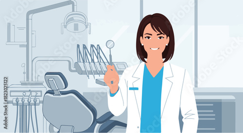Dentist Illustration with Tools and Modern Clinic Setting for Healthcare
