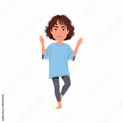 Young person balancing on one leg with arms raised in the air.