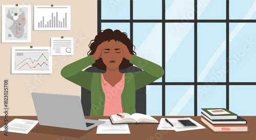 Woman Overwhelmed by Workload in a Modern Office Setting