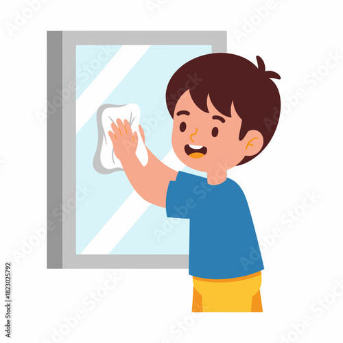 Young boy diligently cleaning a window with a white cloth.