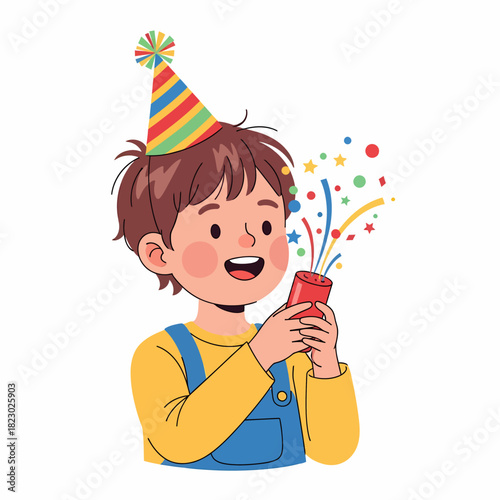 Happy young boy celebrating with a party popper and colorful confetti.