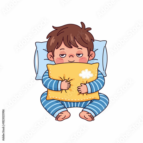 Sleepy Little Boy in Pajamas Holding a Yellow Pillow.