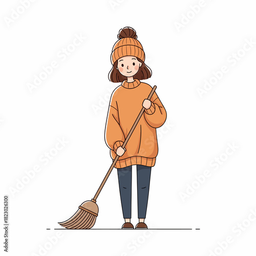 Young Woman in Winter Clothes Holding a Broom Ready to Clean.