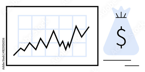 Financial line graph with upward trajectory alongside a money bag with a dollar sign. Ideal for investment, profit analysis, business growth, economic trends, financial planning, wealth management