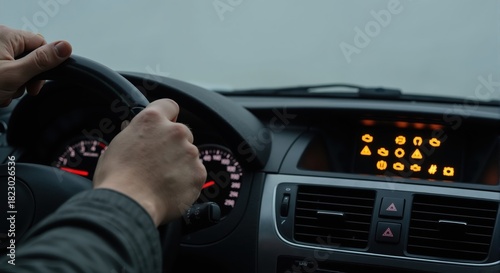 Driver's hands on steering wheel with car dashboard warning lights on. Vehicle malfunction and system failure concept with multiple orange error icons illuminated on the instrument panel