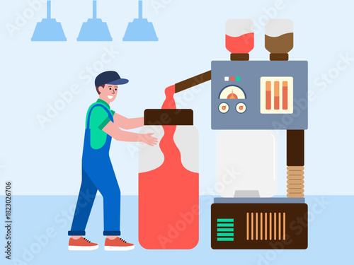 Engineer checking packaging automation process. Food industry vector illustration. Flat illustration concept.